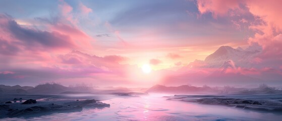 Wall Mural - a beautiful sunset over a calm river with mountains in the background