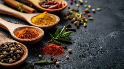 Wall Mural - Wooden spoons with spices on a dark surface. Concept of vegetarian cuisine and healthy eating, with room for text, close-up shot.