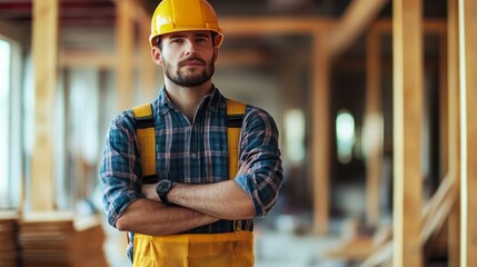 Portrait of a confident construction worker wearing a hard hat at a construction site