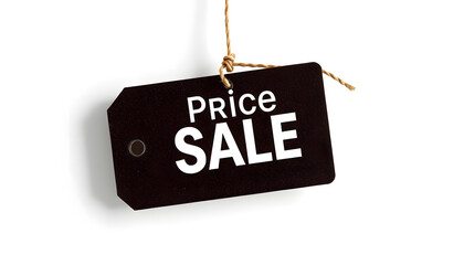 Wall Mural - Price sale label tied with string. Discount shopping day concept isolated with white highlights, png