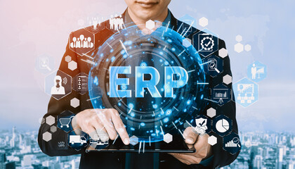 Enterprise Resource Management ERP software system for business resources plan presented in modern graphic interface showing future technology to manage company enterprise resource. uds