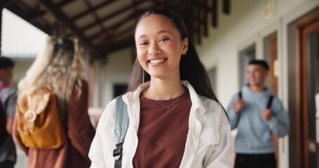 Sticker - Portrait, student and smile for woman in school corridor, education and learning for knowledge on campus. Happy, backpack and female person or exchange learner in University, international or college