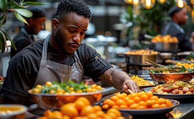 Wall Mural - Black chef plating an exquisite breakfast in a upscale kitchen environment