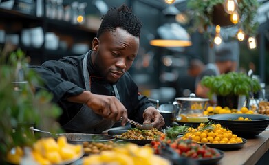 Wall Mural - Black chef plating a vibrant breakfast in a modern kitchen setting during morning hours