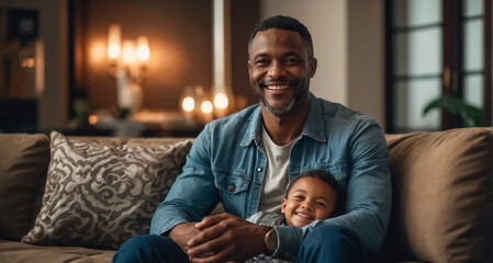 happy african american dad and little son at home  