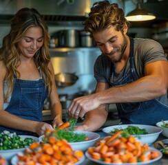 Wall Mural - Two young adults in blue aprons preparing fresh vegetables in a vibrant kitchen setting