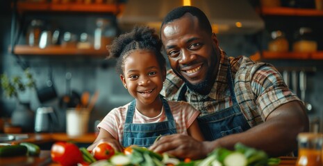 Wall Mural - Black family joyfully cooking together in a cozy kitchen with fresh vegetables