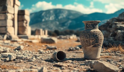 antique vase from prehistoric times in the foreground