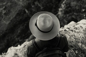 Canvas Print - Person sitting on rock with hat