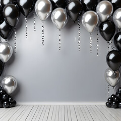 Wall Mural - black and white balloons with silver ribbons in room