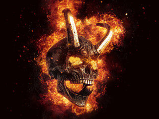 Wall Mural - Screaming Demon skull with big horns engulfed in fire and flames