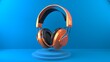 © Dimitrius - Orange metallic modern headset on bright blue background and stand