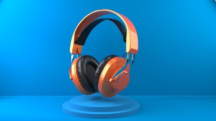 Orange metallic modern headphones headset on bright blue background and stand