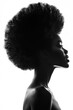 © Spencer - A striking silhouette of a woman with a bold afro hairstyle, her profile captured in high contrast against a white background, emphasizing elegance and strength.