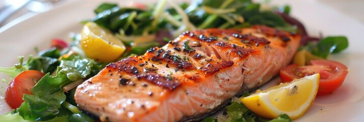 Poster - Grilled Salmon Fillet Placed on a Bed of Fresh Greens