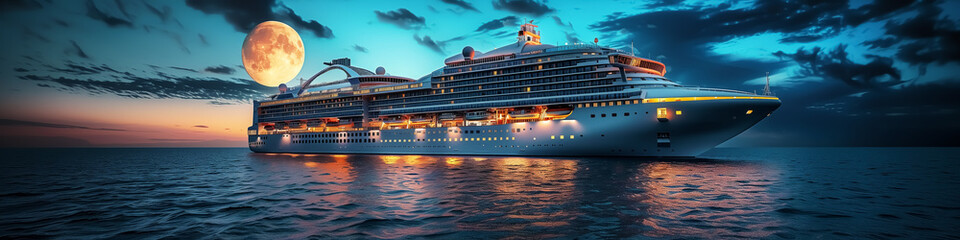 Wall Mural - luxury vacation, cruise ship under full moon. Design for Wall Art, Poster Print, Wallpaper & Background