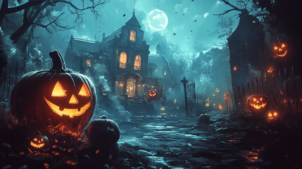 halloween background with pumpkin and bats