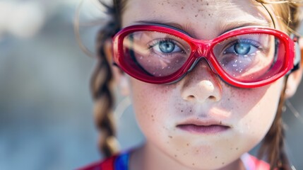 Sports Glasses. Portrait of Active Caucasian Girl Child with Red Prescription Goggles