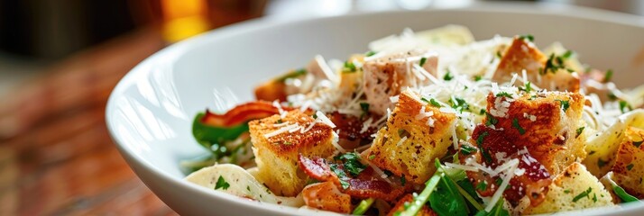 Wall Mural - Close-up of a white bowl featuring Caesar salad garnished with croutons, bacon, and Parmesan cheese.