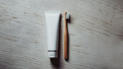 Poster - A toothbrush and tube of toothpaste on a wooden surface, AI