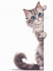 Wall Mural - Cute Fluffy Blue-Eyed Cat Peeking Around Corner in Sunlit Room.