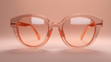 Elegant peach fuzz sunglasses with transparent lenses, set against a soft pastel peach background, hd highly details image 