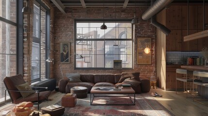 Sticker - Industrial Chic Living Room with Exposed Brick Walls and Large Windows