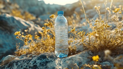 Poster - Plastic Water Bottle on a Rocky Hillside