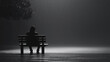 © Bonsales - Solitary figure on bench in dark park, illuminated by rainfall and dramatic lighting, silhouetted in the night, solitude concept