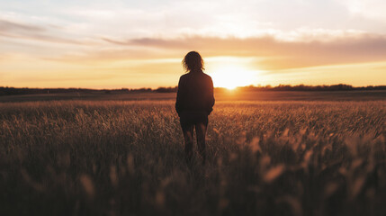 Wall Mural - Silhouette of person in field at sunset, standing alone, back view, serene evening, golden hour, peaceful scene, sunset mood concept
