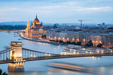 panorama of Central Budapest in the evening, with Parliament and Chain Bridge