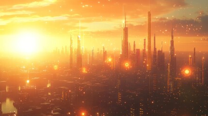 Wall Mural - Futuristic Cityscape at Sunset