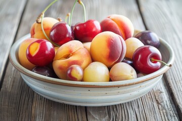 Wall Mural - Stone Fruit Delights: Fresh Cherry, Peach, and Plum in White Bowl on Wooden Table