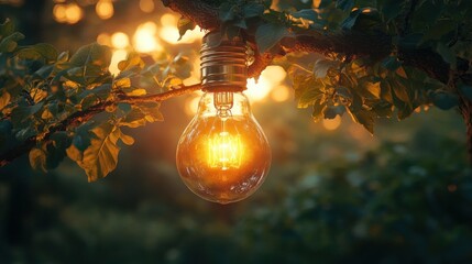 Sticker - A single lightbulb hanging on a tree branch illuminates the surrounding foliage in a soft, warm glow, creating an ambiance of tranquility and serenity.