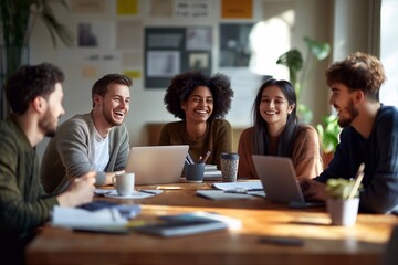 Wall Mural - A group of young professionals in an office setting gathered around a table laughing together during their team meeting or training session.