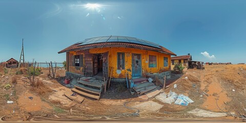 Wall Mural - An immersive 360-degree panorama of a community-led renewable energy project, where local residents come together to install solar