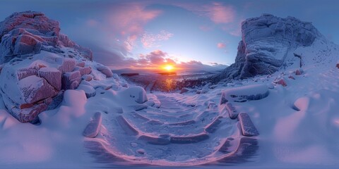 Poster - An immersive 360-degree panorama of a snow-covered labyrinth, with icy pathways and frozen obstacles challenging adventurers to find