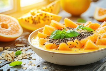 A bowl brimming with a colorful smoothie, topped with fresh fruit pieces, seeds, and a green garnish, captures the essence of a healthy breakfast.