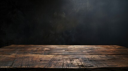 Poster - Real wood table texture in a dark room for product display or design aesthetic.