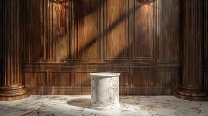 Sticker - Opulent stonemarble pedestal with natural lighting. Wooden backdrop enhances sophistication. Perfect for high-end presentations and elegant designs.