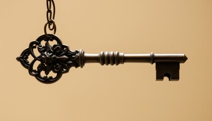 Canvas Print - Ornate Antique Key Hanging from Chain.