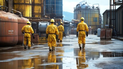 Wall Mural - Generate a photo realistic image of workers training on chemical spill response procedures, with spill containment drills, chemical spill cleanup equipment, and hazardous material handling protocols