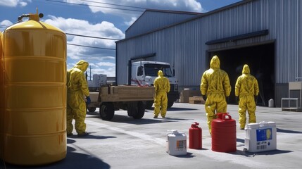Wall Mural - generate a photo realistic image of workers training on handling hazardous materials (hazmat), with 
