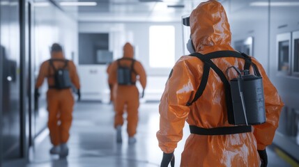Wall Mural - Generate a photo realistic image of workers training on biohazard handling procedures, with biohazard suits, containment measures, and decontamination protocols visible