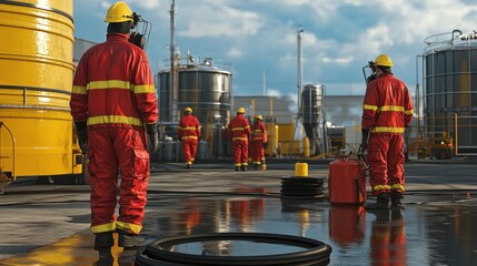 Wall Mural - generate a photo realistic image of workers training on chemical spill response, with spill containm