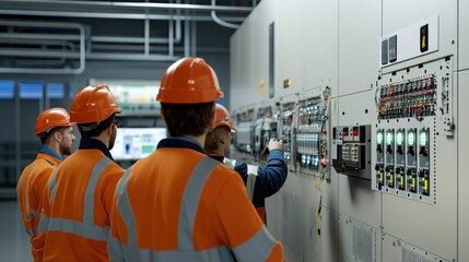 Wall Mural - generate a photo realistic image of workers undergoing training on electrical safety