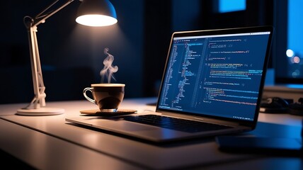 a cozy nighttime scene of a person immersed in coding on their laptop, a steaming cup of coffee with