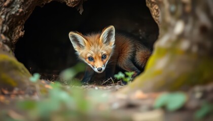 Wall Mural - Red Fox Kit Peeking Out of Tree Hole.