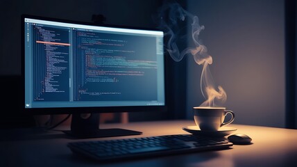 A night-time coding environment featuring a desktop, a steaming cup of coffee, and a focused programmer working on code in a softly lit room.