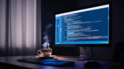 A night-time coding environment featuring a desktop, a steaming cup of coffee, and a focused programmer working on code in a softly lit room.